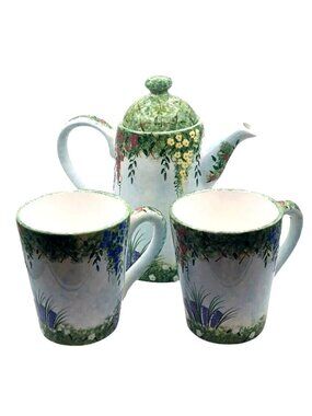 Hand Painted Ceramic Garden in Bloom Coffee Tea Pot Mug Set Flowers Inc Balloons